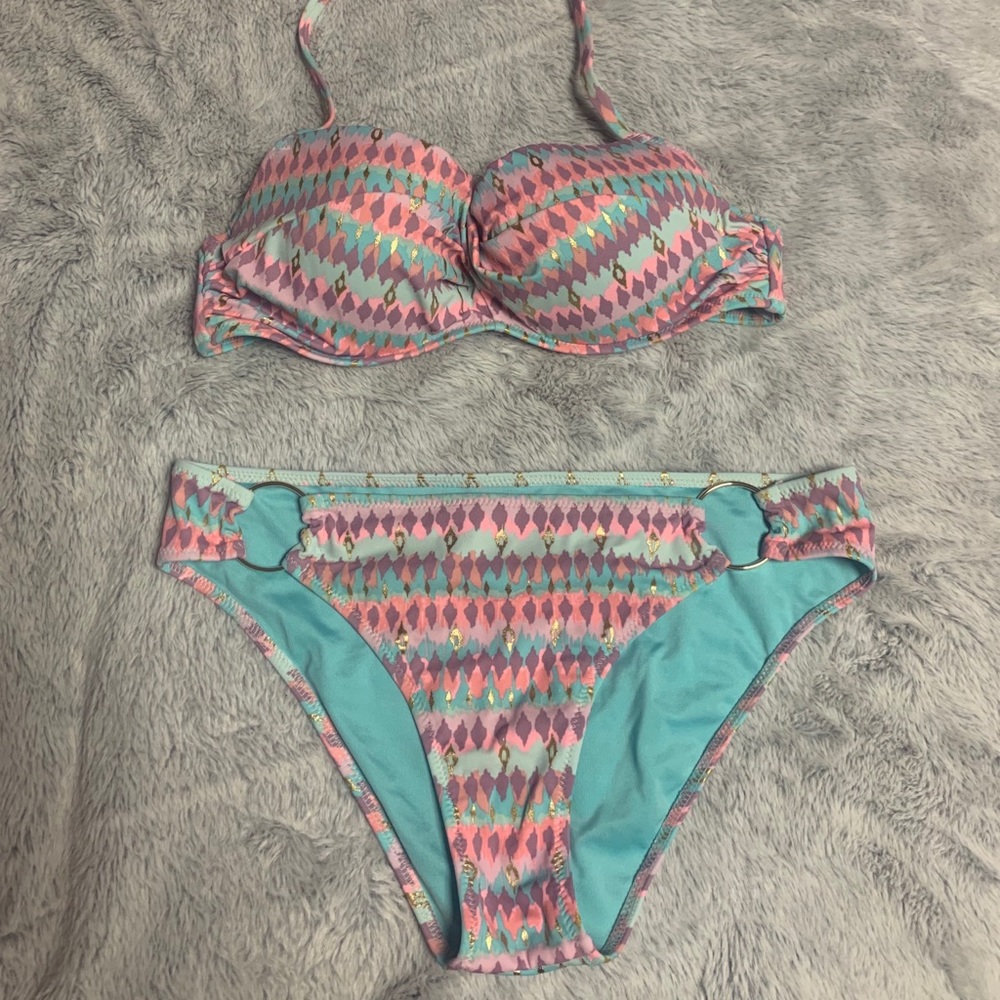 Pink, blue, and gold bikini